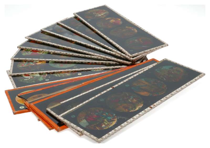 Set of 13 hand painted magic lantern slides film story displayed