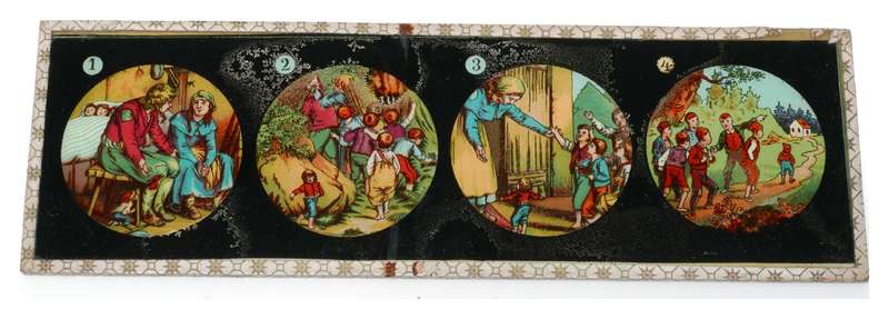 Set of 13 hand painted magic lantern slides film story displayed