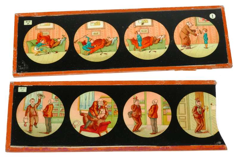 Set of 13 hand painted magic lantern slides film story displayed
