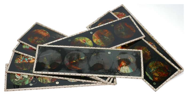 Set of 13 hand painted magic lantern slides film story displayed