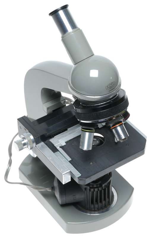 Olympus biological microscope stand grey enamel biological bench top