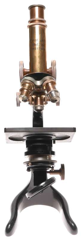 Brass monocular microscope E.Leitz Wetzlar Germany 3 objective lenses
