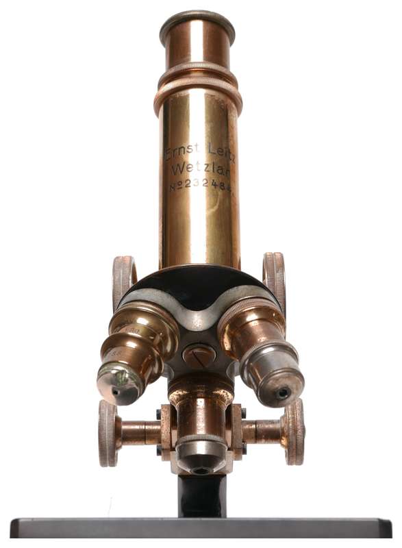 Brass monocular microscope E.Leitz Wetzlar Germany 3 objective lenses