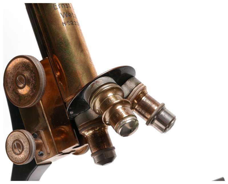 Brass monocular microscope E.Leitz Wetzlar Germany 3 objective lenses