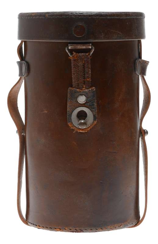 Tall round vintage film camera antique leather lens case in used condition