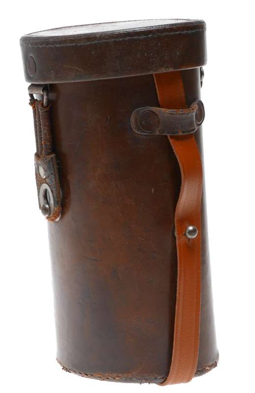 Tall round vintage film camera antique leather lens case in used condition