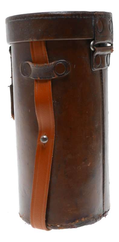 Tall round vintage film camera antique leather lens case in used condition