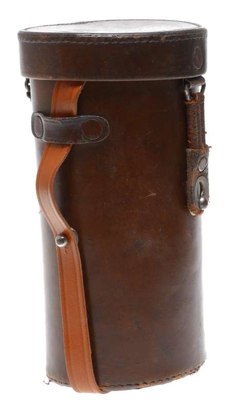 Tall round vintage film camera antique leather lens case in used condition