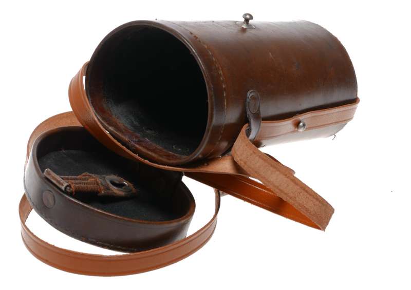 Tall round vintage film camera antique leather lens case in used condition