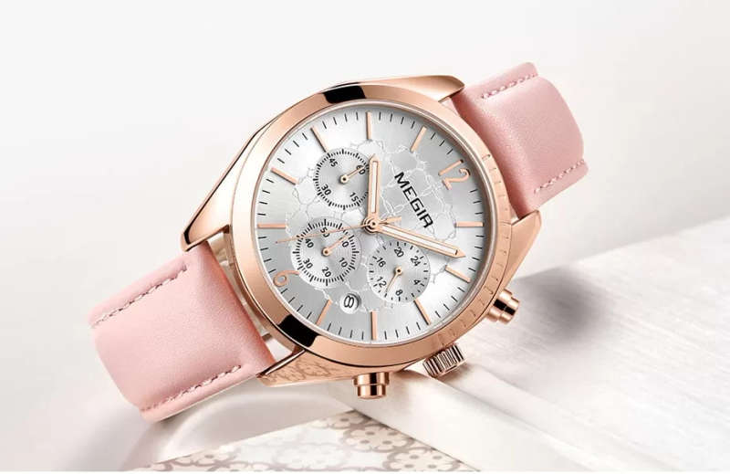 Megir 2115 Womens Chronograph Genuine Leather Watch - Pink