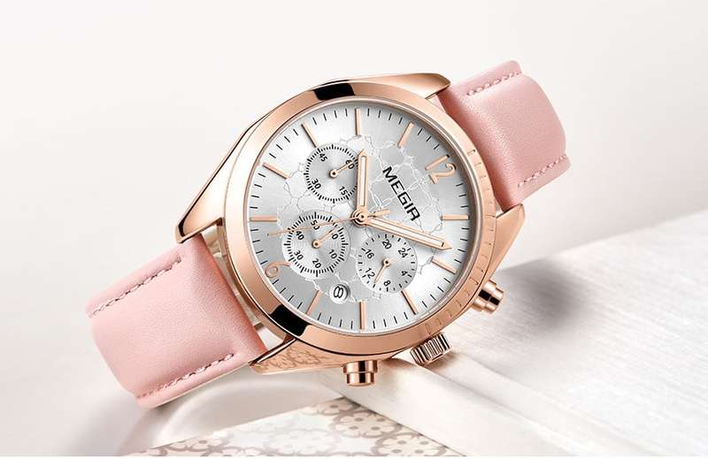 Megir 2115 Womens Chronograph Genuine Leather Watch - Pink