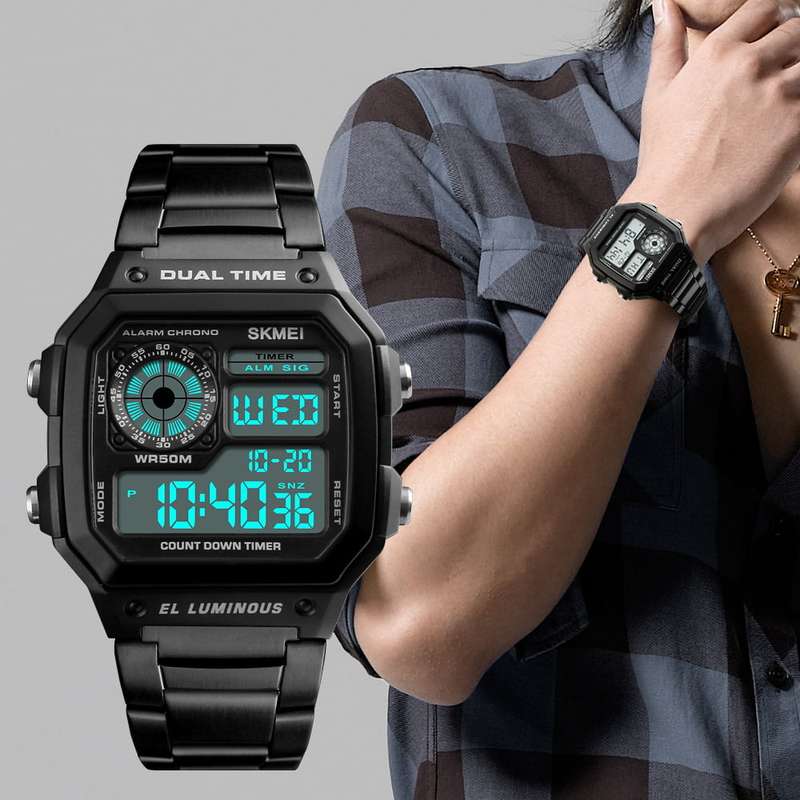 SKMEI Mens Stainless Steel Digital Watch - Black