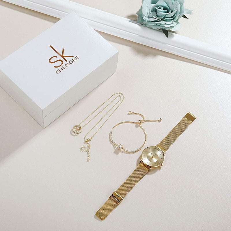 Shengke K0059 Jewelry Set (Bracelet, Necklace &amp; Watch) - Gold