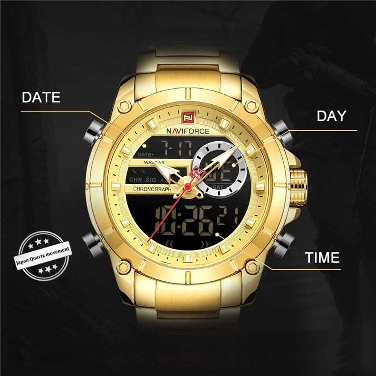 Naviforce 9163 Chronograph Digital/Analog Watch - Gold