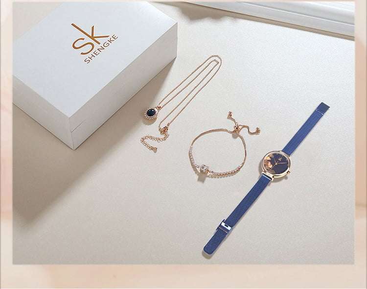 Shengke K0139 Jewelry Set (Bracelet, Necklace &amp; Watch) - Blue
