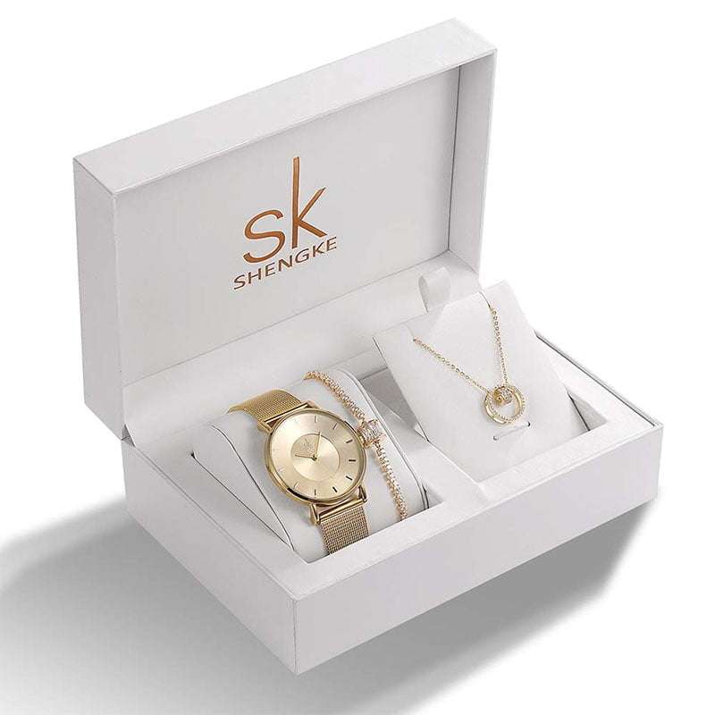 Shengke K0059 Jewelry Set (Bracelet, Necklace &amp; Watch) - Gold
