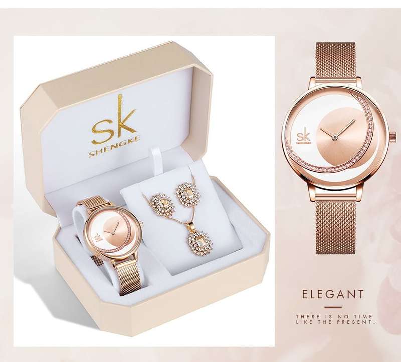 Shengke K0088 Jewelry Set (Earings, Necklace & Watch) - Rose Gold