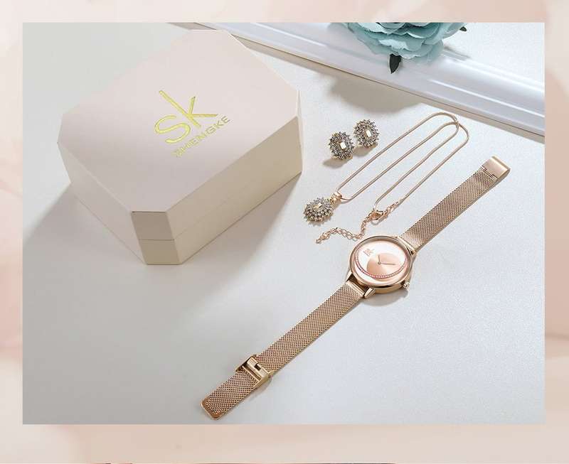 Shengke K0088 Jewelry Set (Earings, Necklace & Watch) - Rose Gold