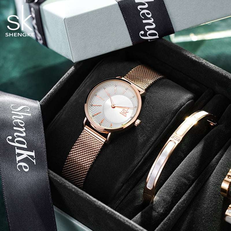 Shengke K0093 Jewelry Set (Earings, Bracelet &amp; Necklace) - Rose Gold