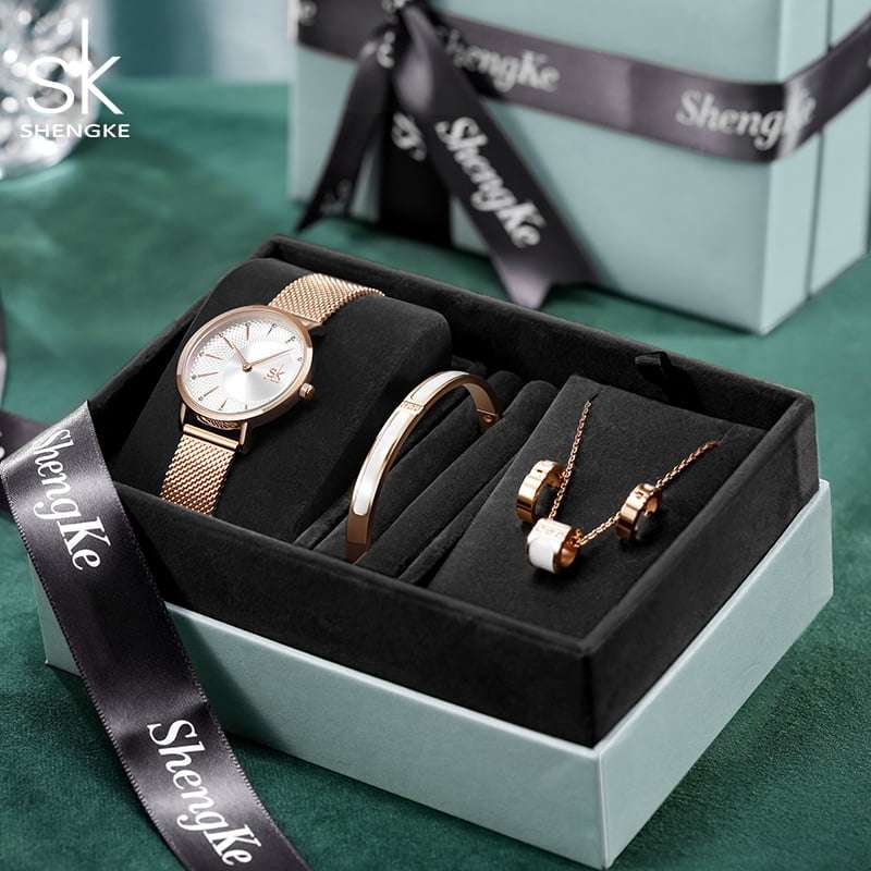 Shengke K0093 Jewelry Set (Earings, Bracelet &amp; Necklace) - Rose Gold