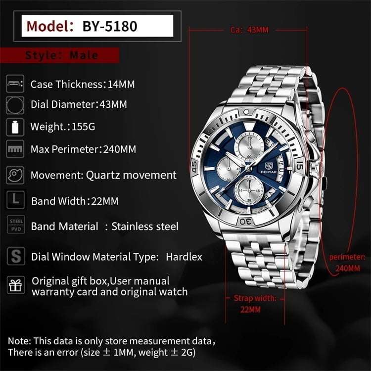 Benyar 5180 Mens Chronograph Watch - Silver