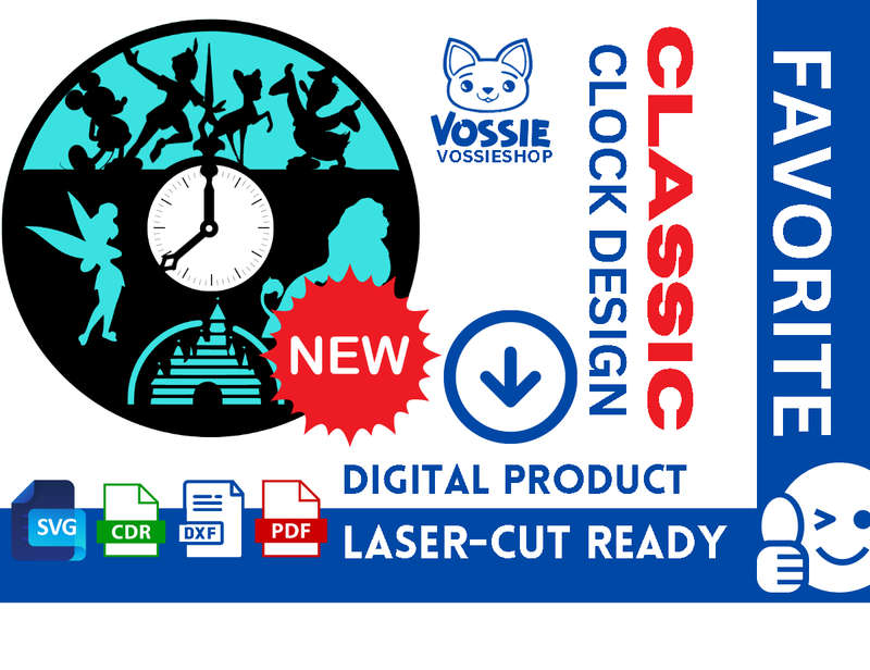 Disney Laser-Cut Clock Digital Design | SVG, Dxf, CDR, Pdf | 3mm Thickness | 50cm x 30cm (19.69 b...
