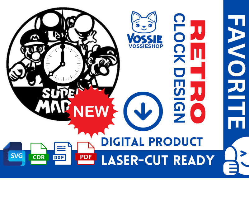 Retro Super Mario Bro Clock Laser-Cut Digital Design | SVG, Dxf, CDR, Pdf | 3mm Thickness | Stand...