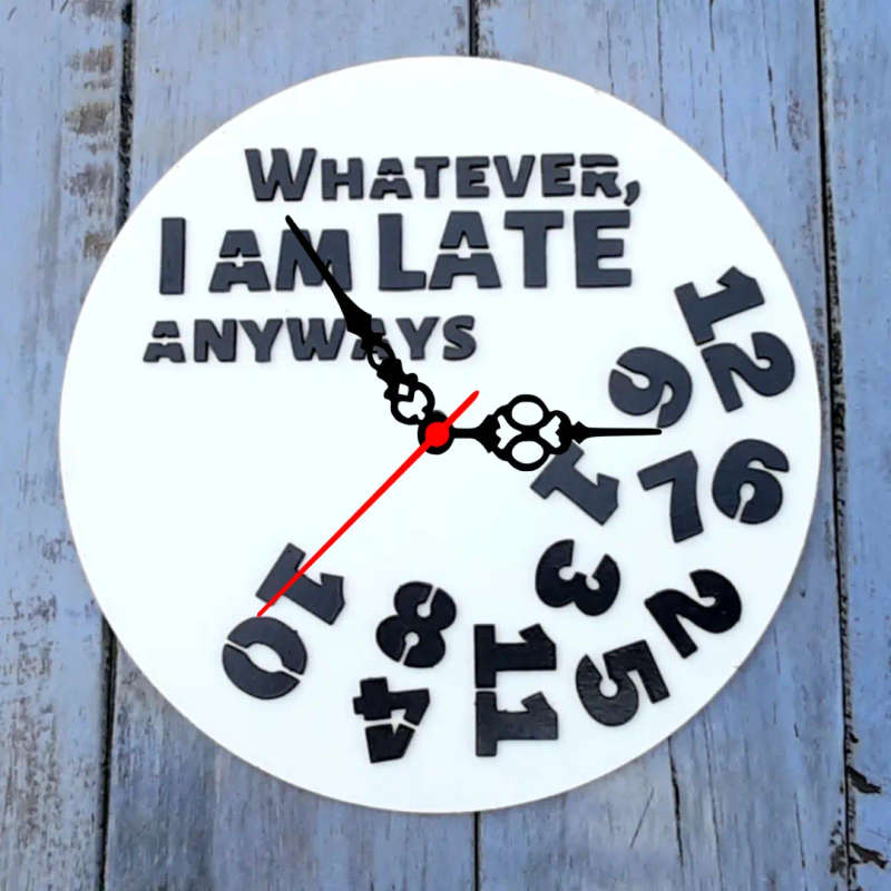 "I Am Late" Laser-Cut Theme Clock (White): Unique 30cm Diameter Timepiece with Easy Mounting