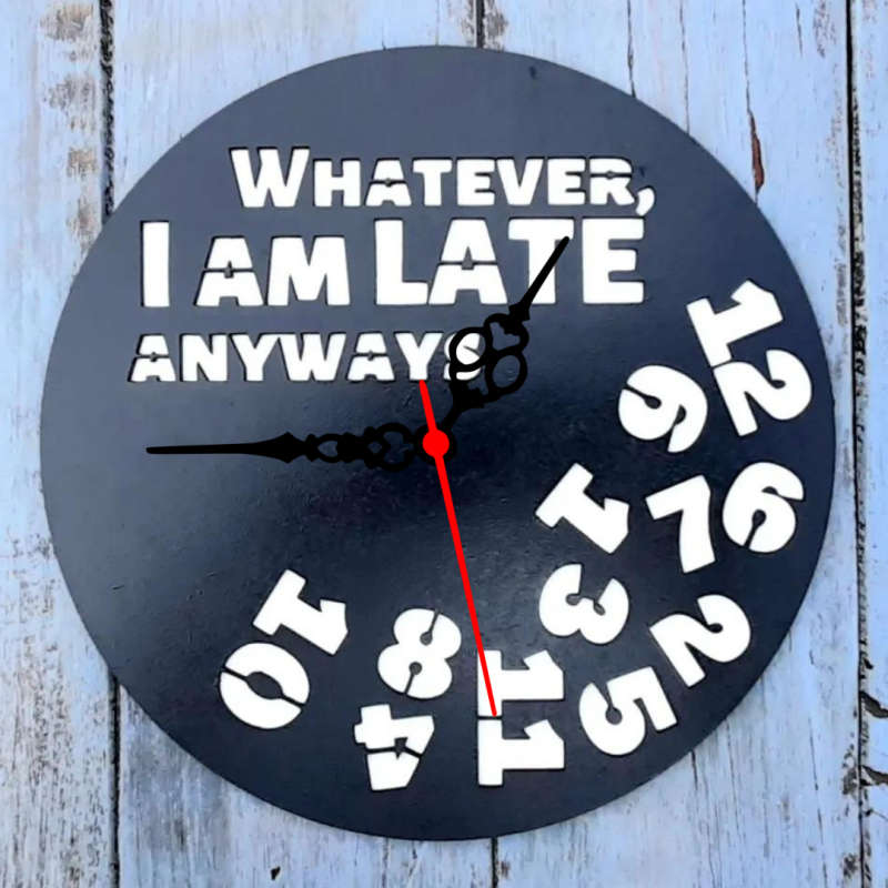 "I Am Late" Laser-Cut Theme Clock (Black): Unique 30cm Diameter Timepiece with Easy Mounting