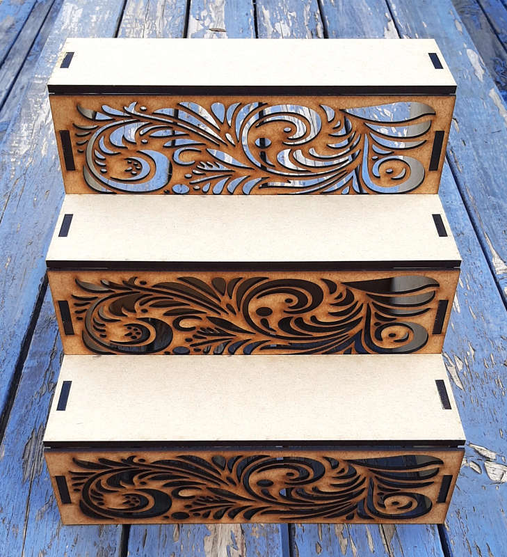 6mm Thick Vintage Decorative Display Stand - 3-Tier Pine MDF Showcase with Elegant Pattern | 90mm...