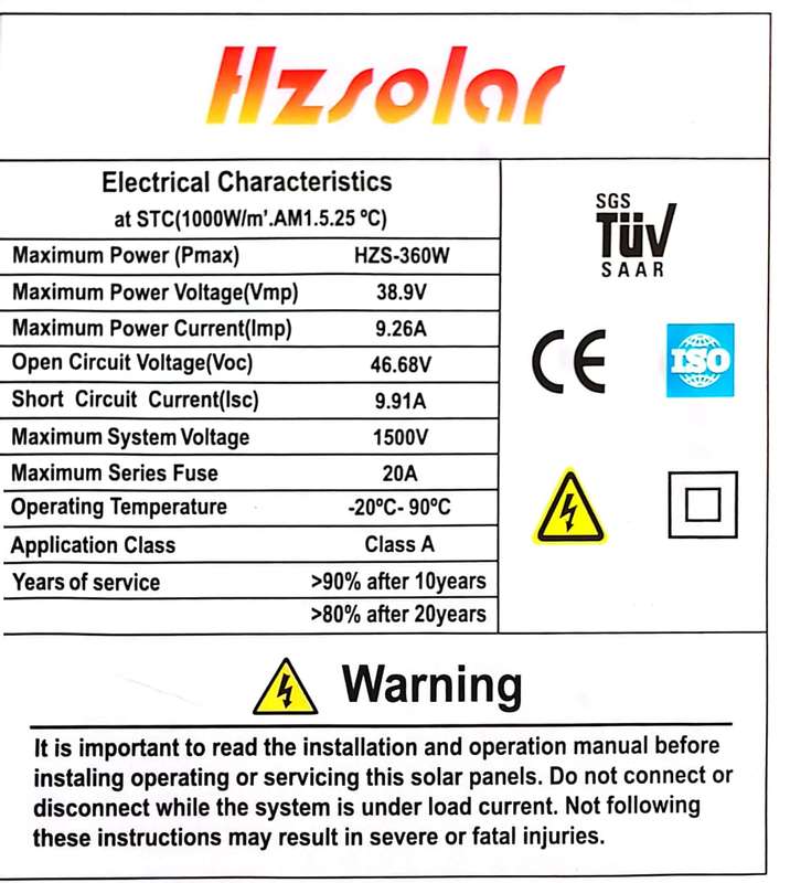 Hz Solar 360w Mono Solar Panel