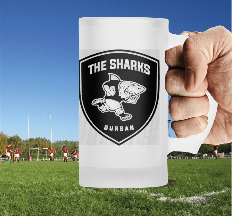 The SHARKS Rugby FEAR THE FIN Frosted Glass Beer Mug