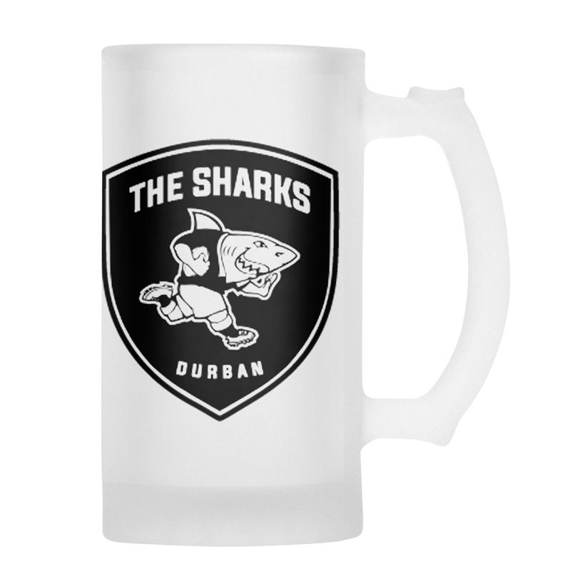 The SHARKS Rugby FEAR THE FIN Frosted Glass Beer Mug