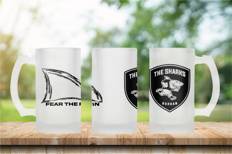 The SHARKS Rugby FEAR THE FIN Frosted Glass Beer Mug