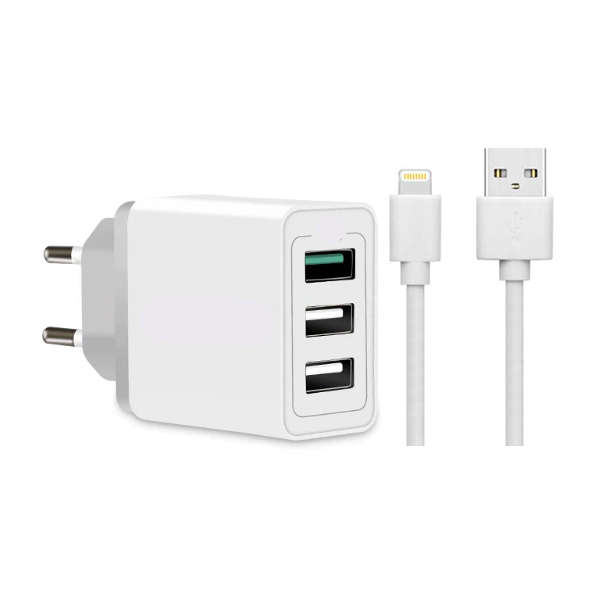3 USB Port Cellphone Fast Charger + Lightning Cable
