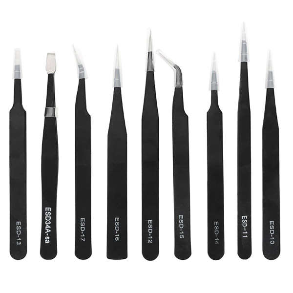 Anti-Static Tweezers Set for Cellphone, Electronic Repair - 10 Piece