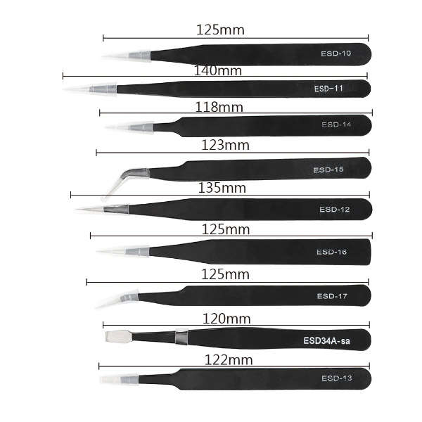 Anti-Static Tweezers Set for Cellphone, Electronic Repair - 10 Piece