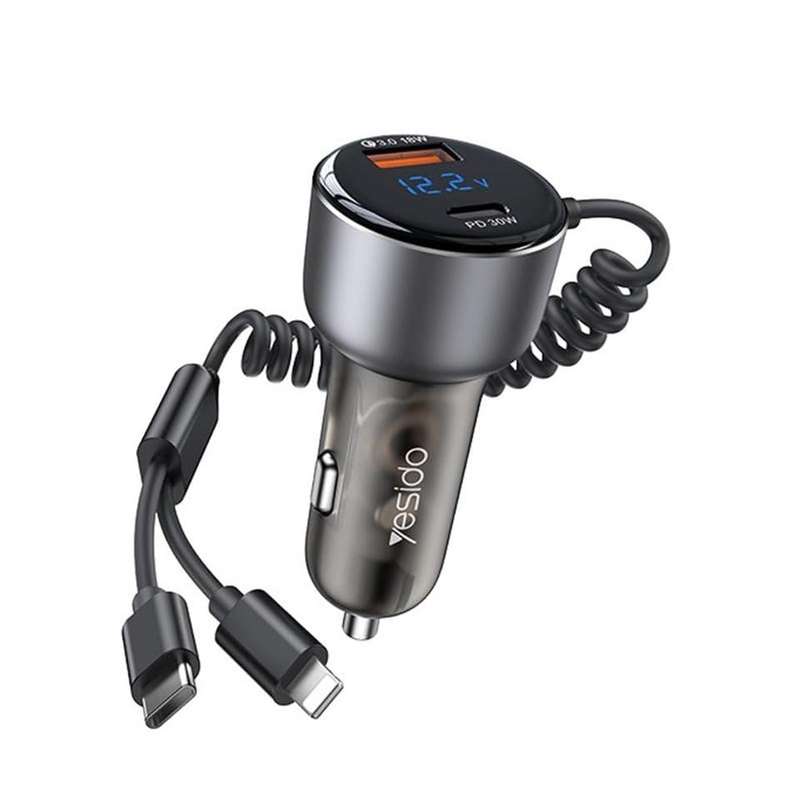 YESIDO Y58 60W PD + QC3.0 Dual Port Car Charger with Type-C Lightning Cable