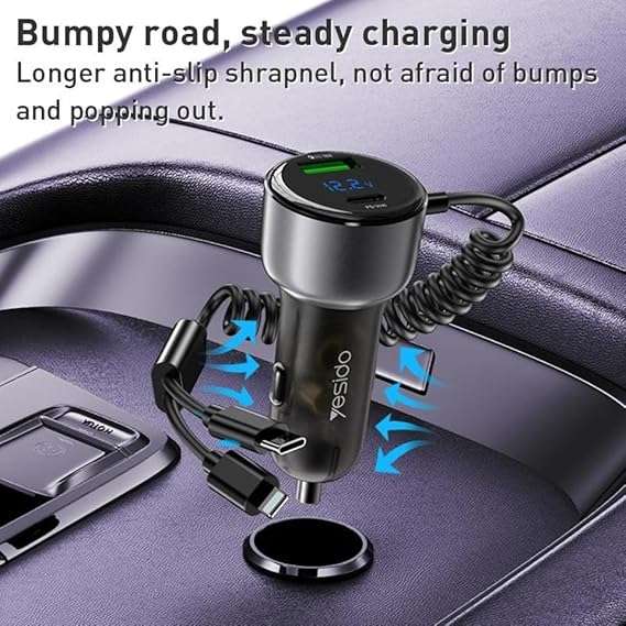 YESIDO Y58 60W PD + QC3.0 Dual Port Car Charger with Type-C Lightning Cable