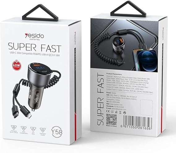 YESIDO Y58 60W PD + QC3.0 Dual Port Car Charger with Type-C Lightning Cable