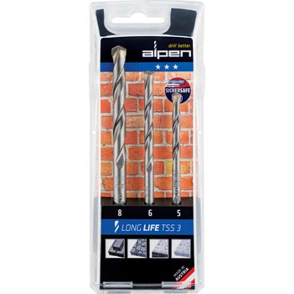 Alpen Masonry Drill Bit Set 3 Piece Long Life 5 6 8