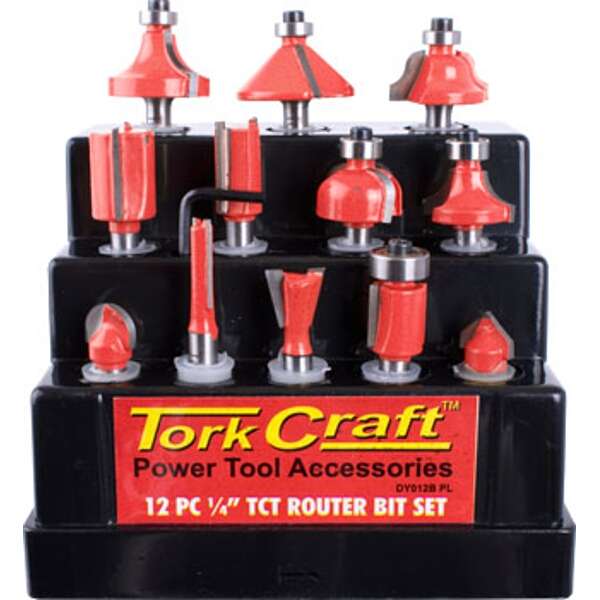 Tork Craft Router Bit Set 12Pc Plastic Box 1/4 Shank