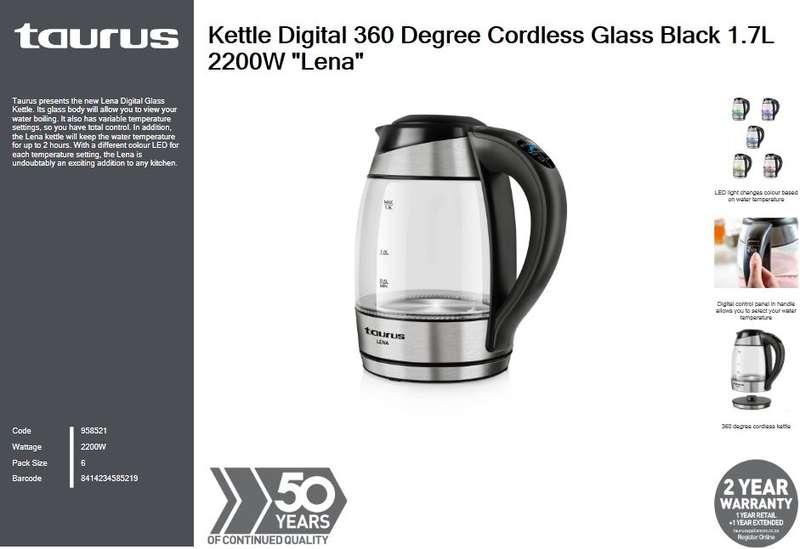 Taurus Kettle Digital 360 Degree Cordless Glass Black 1.7L 2200W "Lena"