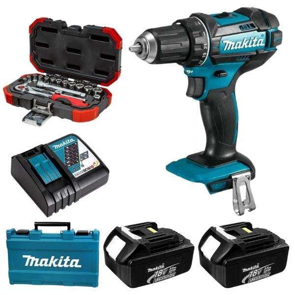 MAKITA - Cordless Impact Drill Kit DHP482RFE and 1/4 Inch Socket Set (16 Piece)