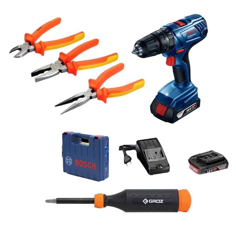 Bosch - Cordless Impact Drill,14pc Retractable Screwdriver &amp; 3pc Plier Set