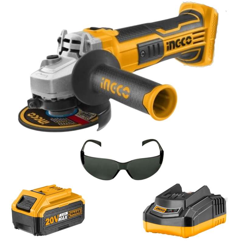 Ingco - Lithium Ion Angle Grinder 20V + 4.0Ah Battery &amp; Charger + Eyewear