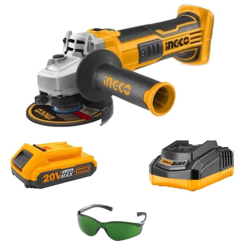 Ingco - Lithium Ion Angle Grinder 20V &amp; 2.0Ah Battery + Charger &amp; Eyewear