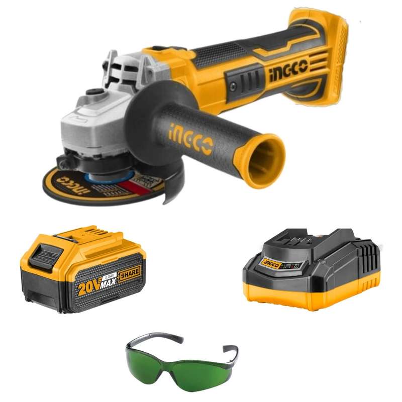 Ingco - Lithium Ion Angle Grinder 20V+ 4.0Ah Battery &amp; Charger + Eyewear