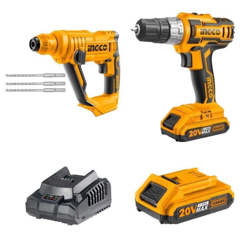 Ingco - Lithium Ion Drill 20v Inc 2x Batteries &amp; Charger with Rotary Hammer