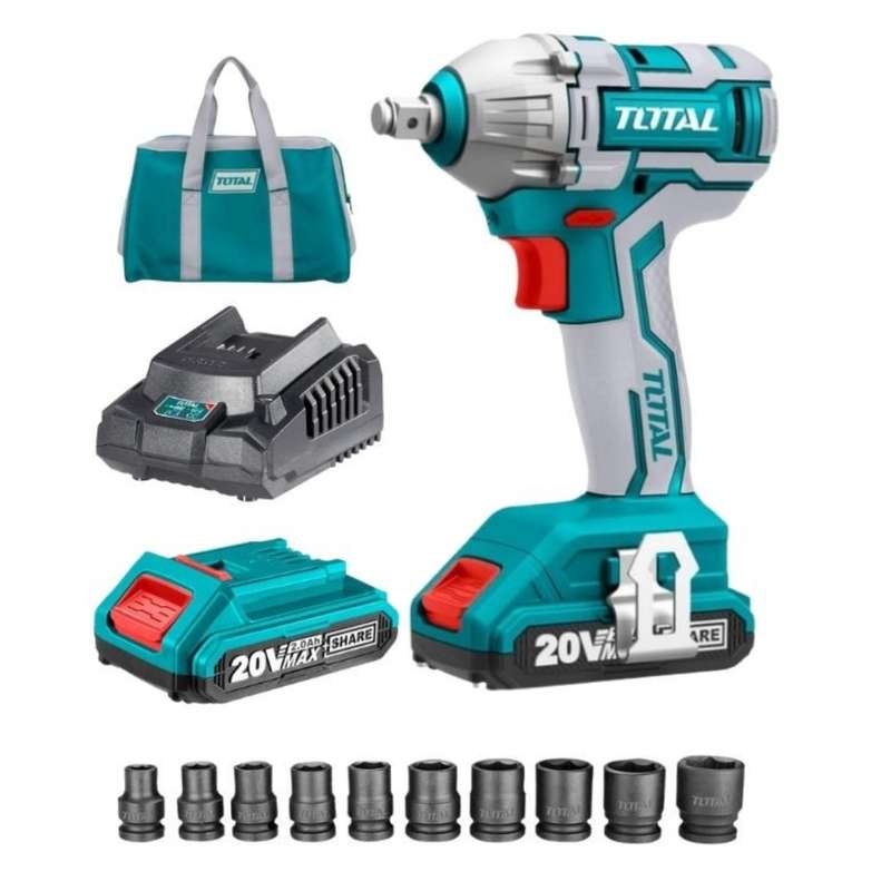 Total Tools - Impact Wrench with 2xBatterries, 1xCharger &amp; 10x Socket Set